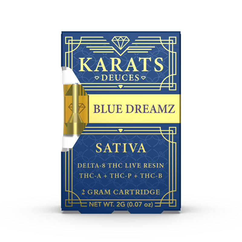 A Carats Karats Deuces Blend Vape Cartridge | 2g packaging. The label lists Premium THCA, THC-P, THC-B, and Delta-8 live resin terpenes, indicating a net weight of 2 grams (0.07 oz).