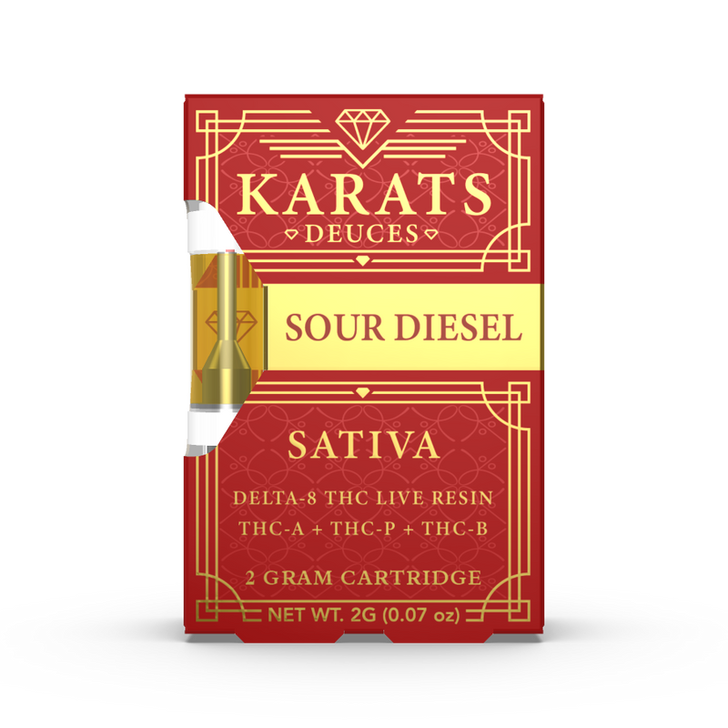 Carats Karats Deuces Blend Vape Cartridge | 2g Sour Diesel Sativa 2-gram box. The red and gold packaging lists premium Delta-8 THC live resin, THC-A, THC-P, and THC-B. Net weight is 2 grams (0.07 oz).