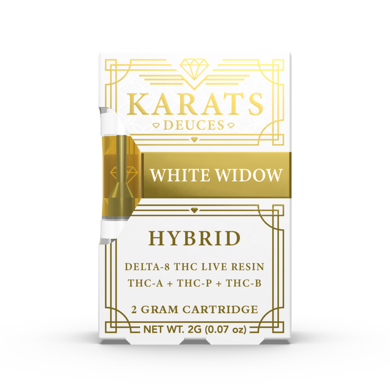 A white and gold packaging for Carats Karats Deuces Blend Vape Cartridge | 2g, a 2-gram cartridge containing Premium THCA THC-P THCB Delta 8. Features Delta-8 THC live resin, THC-A, THC-P, and THC-B for an elevated experience.