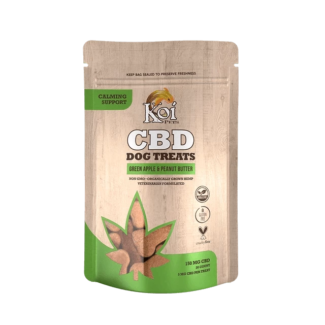 Koi CBD Dog Treats provide calming support in a tasty green apple and peanut butter flavor, containing 150 mg of hemp extract per pouch.