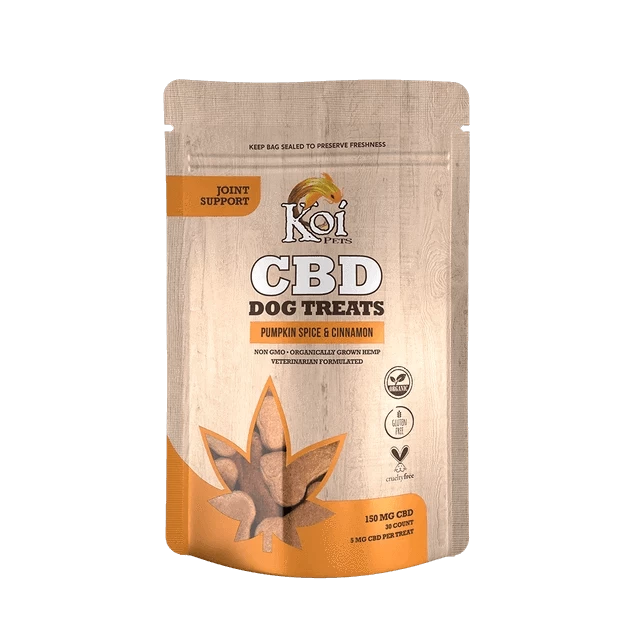 A brown bag of Koi CBD Dog Treats | Joint Support, featuring a delightful pumpkin spice and cinnamon flavor. Each bag contains 150 mg of CBD, specifically formulated to promote joint support for your furry friend. The packaging is showcased against a pristine white background.