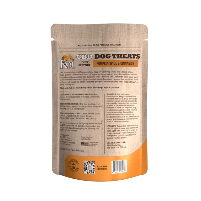 A package of Koi CBD Dog Treats | Joint Support infused with pumpkin spice and cinnamon. The back label details ingredients, usage, and warnings.