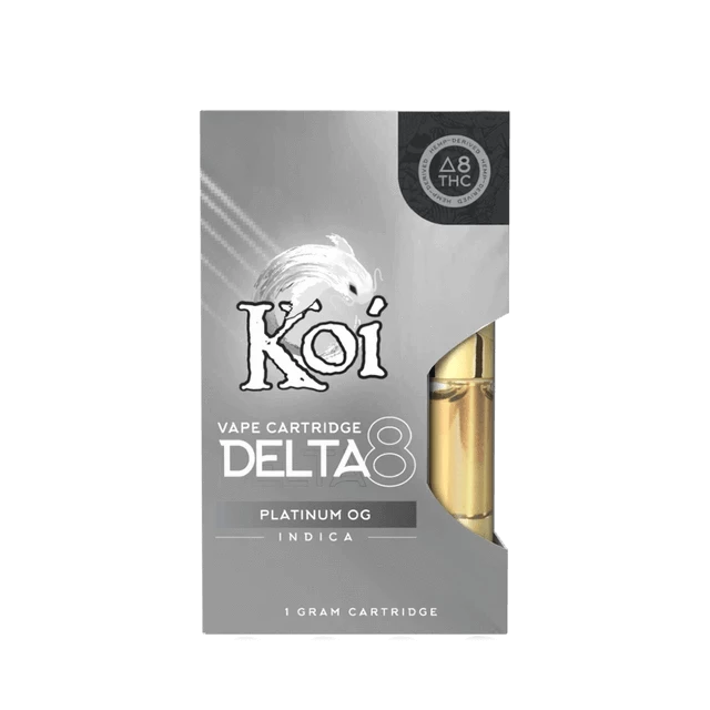 The Koi Delta 8 Vape Cartridge for Platinum OG Indica is hemp-derived, contains 1 gram, and comes in packaging that displays THC content with a sleek, partially visible gold cartridge.