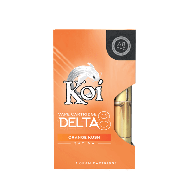 The Koi Delta 8 Vape Cartridge packaging showcases a Delta 8 THC label and features the bold Orange Kush Sativa flavor. The hemp-derived cartridge is visible through a cutout in its orange and black design.