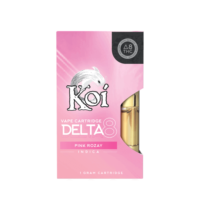 Koi’s Delta 8 Vape Cartridge with Pink Rozay Indica (1g) attracts attention with its elegant pink and white design showcasing the partially visible cartridge within its alluring hemp-derived packaging.