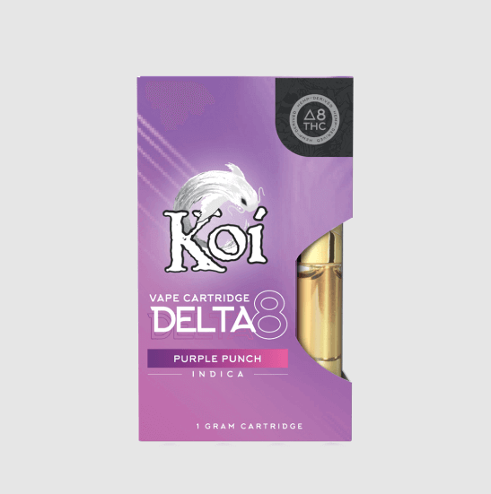 This sleek Koi Delta 8 Vape Cartridge showcases the Purple Punch Indica strain in a stylish purple box, with the hemp-derived 1-gram cartridge visible through a clear section for a glimpse of its quality.