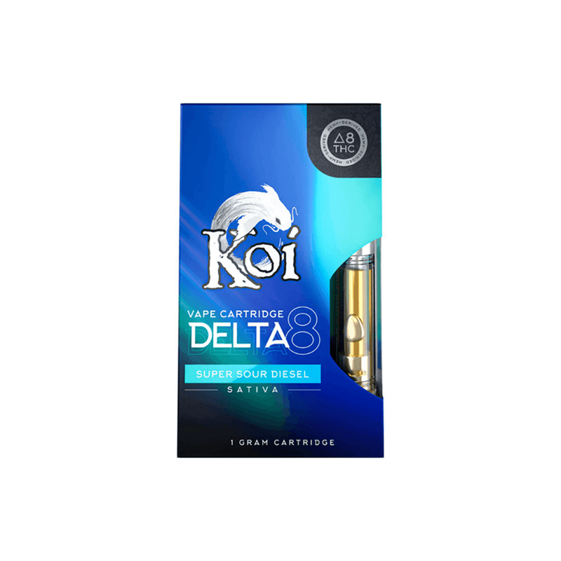 The stylish blue packaging features Koi Delta 8 Vape Cartridge, labeled "Super Sour Diesel Sativa." With a visible cartridge on the side, it embodies premium quality in hemp-derived THC vape cartridges.