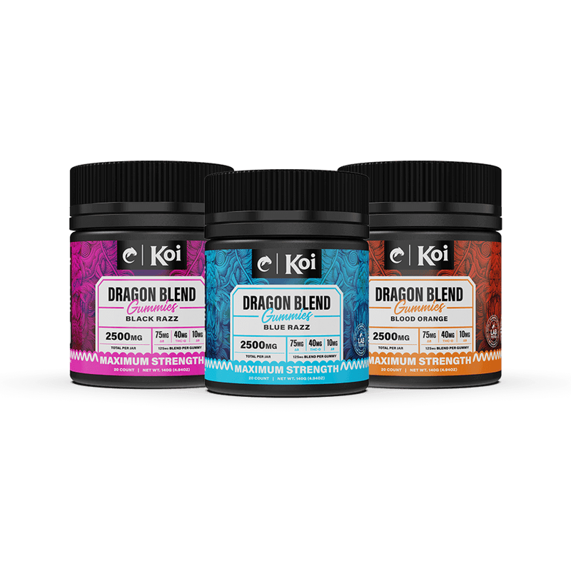 Three containers of Koi Dragon Blend Gummies by Koi are displayed, labeled with flavors: Black Razz, Blue Razz, and Blood Orange. Each container holds THC gummies containing 2500 mg Delta-8 with a maximum strength label.