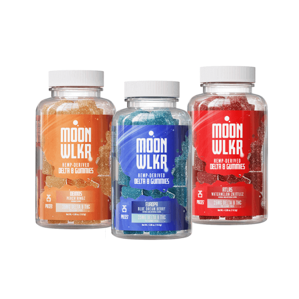 Image of three bottles of Moonwlkr Delta 8 Gummies by Moonwlkr in flavors of Orange, Blue Dream Berry, and Watermelon Zkittles, each containing 25 gummies.