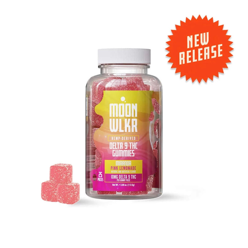 A bottle of Moonwlkr brand, Moonwlkr Delta 9 Gummies in pink lemonade flavor, with a "New Release" badge. The bottle contains 20 Delta 9 gummies, and three gummies are placed next to it.