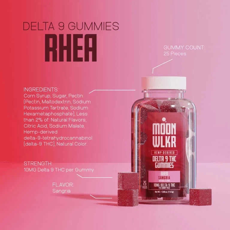 A bottle of Moonwlkr Delta 9 Gummies, featuring 25 pieces per bottle. Each gummy boasts a potent 10mg of Delta 9 THC and is infused with the rich flavor of Sangria. The background showcases a stunning gradient of pink shades.