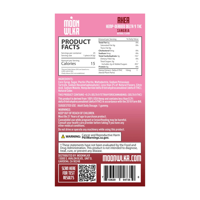 Moonwlkr Delta 9 Gummies product label. Contains product facts, ingredients, warnings, QR code for test results, and manufacturer information. Predominantly red background with white text.