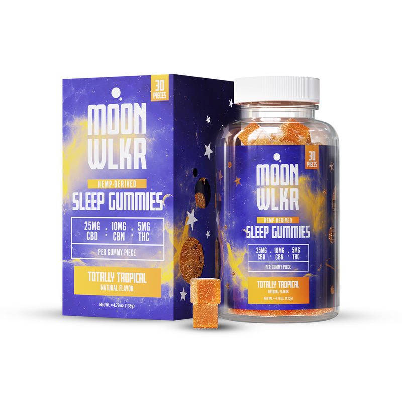 A box and bottle of Moonwlkr ***Moonwlkr Extra Strength THC Sleep Gummies*** in "Totally Tropical" flavor, with 30 pieces each containing 25mg CBD, 10mg CBN, and 5mg THC.
