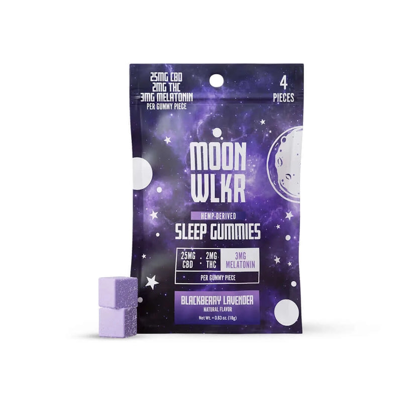 A package of Moonwlkr CBD Sleep Gummy Sample Pack by Moonwlkr with 25mg CBD, 2mg THC, and 3mg melatonin per piece. The package contains four pieces in blackberry lavender flavor. Two melatonin-infused gummies are pictured beside the package.