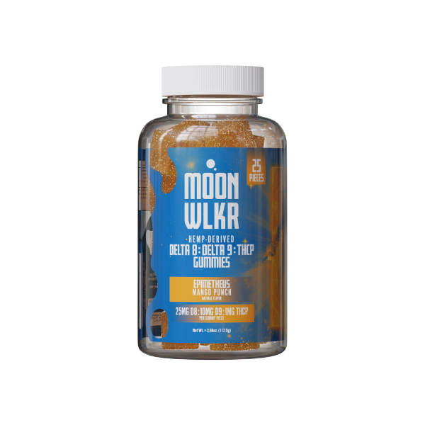 A clear plastic bottle labeled "Moonwlkr" contains 25 pieces of Moonwlkr THC-P Blend Gummies, with a high-potency blend of 25mg Delta 8, 10mg Delta 9, and 1mg THCP per serving.