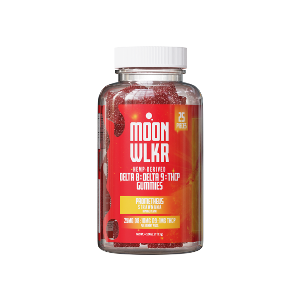 A jar of Moonwlkr THC-P Blend Gummies from Moonwlkr featuring a high-potency blend of Delta 8 and Delta 9. The label indicates they are "Pineapple Haze" flavored and contains 25 pieces. Each gummy has 25mg D8, 10mg D9, and 3mg THCP.
