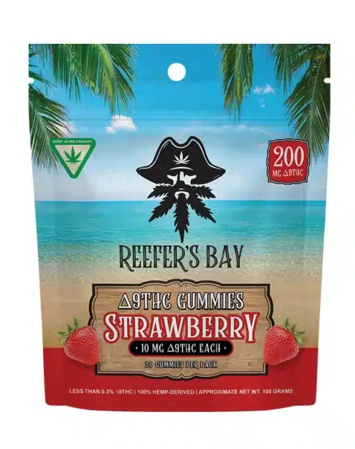 Experience the 3Chi Reefers Bay Delta 9 THC Gummies, offering you a delightful strawberry flavor. Each gummy contains a smooth 10 mg dose, with a total of 20 delicious pieces per pack.