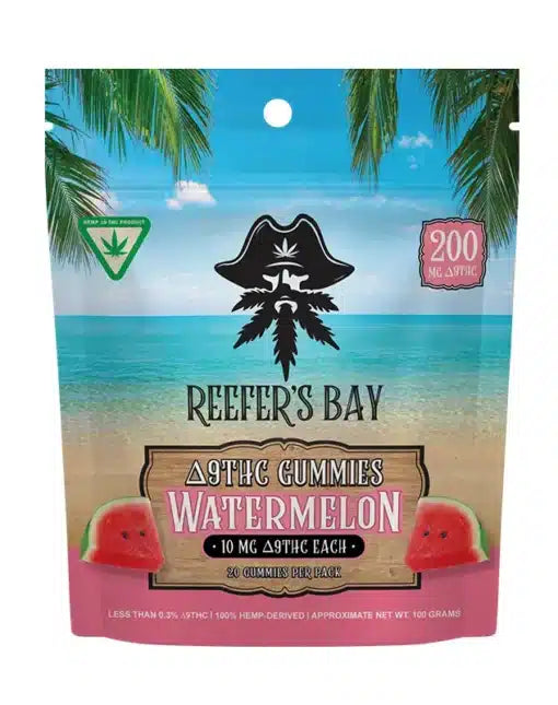 A package of Reefers Bay Delta 9 THC Gummies by 3Chi showcases a tropical beach design and includes 20 hemp-derived gummies, each containing 10 mg of Delta 9 THC, summing up to a total of 200 mg.