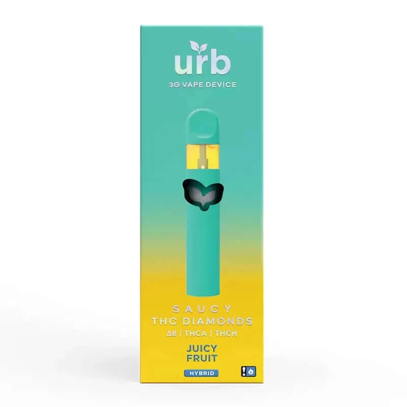 A box labeled "URB Saucy THC Diamonds Disposable 3g" with a turquoise and yellow gradient design. Text reads: "Saucy THC Diamonds, Δ8 | ΔTHCA | THCH, Juicy Fruit, Hybrid.