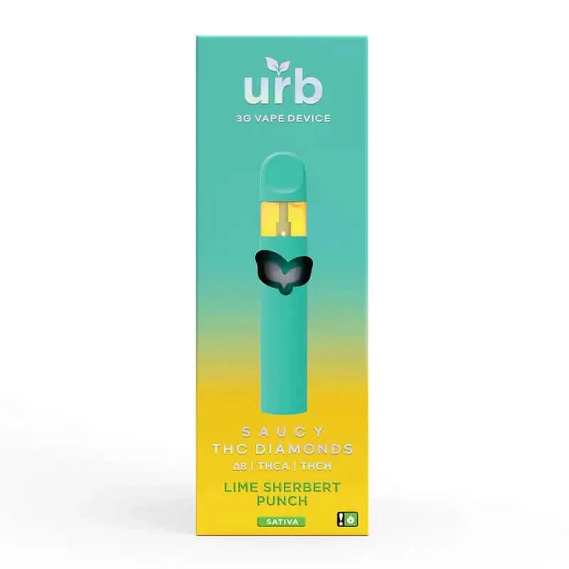 A packaging of Urb URB Saucy THC Diamonds Disposable 3g with "Saucy THC Diamonds," "Lime Sherbet Punch" flavor, and marked "Sativa." The box is gradient teal and yellow with a black butterfly logo and product details.