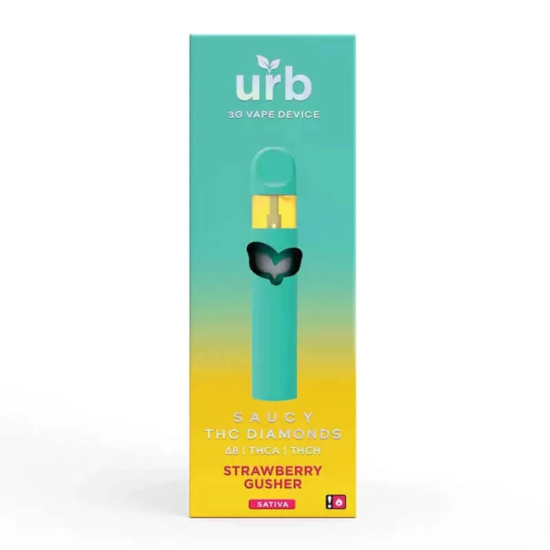 Image of a teal and yellow box labeled "URB Saucy THC Diamonds Disposable 3g" by Urb, containing a teal disposable vape pen with a yellow cap. The flavor is "Strawberry Gusher," indicated as a Sativa strain with Δ8, THCA, and THCH. Ideal for Delta 8 enthusiasts seeking convenience.