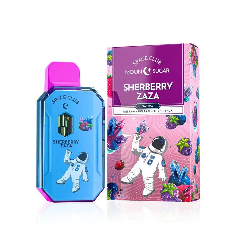 A blue Space Club Disposable Vape Moon Sugar | 3g from Space Gods with a pink mouthpiece is next to a colorful packaging box featuring a cartoon astronaut, illustrated fruits, and the bold branding of Moon Sugar Disposables.