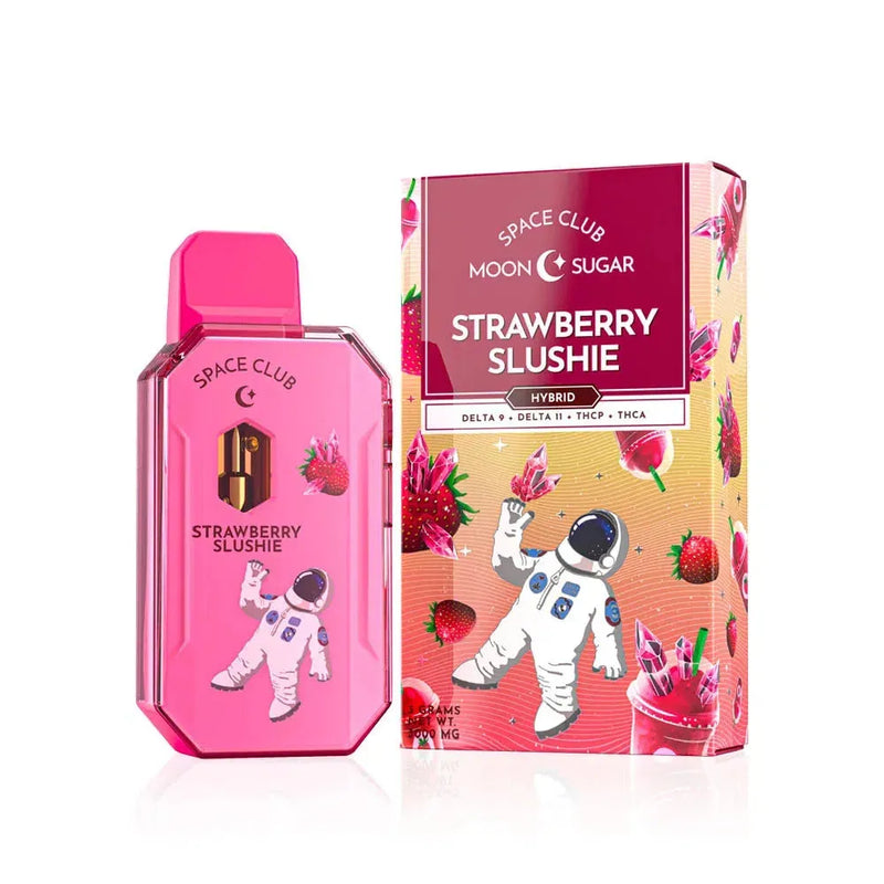 Image of a pink Space Gods Space Club Disposable Vape Moon Sugar | 3g with an astronaut illustration, beside its packaging decorated with strawberries and the same astronaut design. Part of the Moon Sugar Disposables collection, this cartridge offers a cosmic vaping experience.