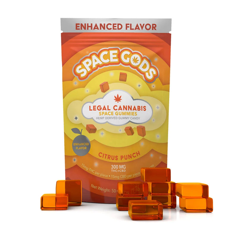 A bag of "Space Gods" Space Gods Gummies Delta 9 | 10ct in citrus punch flavor is displayed, with several hemp-derived Delta 9 gummies placed in front. The bag indicates a total content of 300 mg.