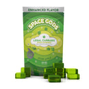 A bag of Space Gods Gummies Delta 9 | 10ct in sour apple flavor, labeled with 300mg and containing a mix of hemp-derived Delta 9 THC and CBD. Green gummy candies are scattered in front of the bag.