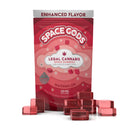 A red package labeled "Space Gods Gummies Delta 9 | 10ct" showcases watermelon-flavored legal cannabis space gummies by Space Gods. The packaging indicates a total of 300 mg, with each piece containing 15 mg of hemp-derived Delta 9 THC and 15 mg CBD. Several Delta 9 gummies are displayed in front.
