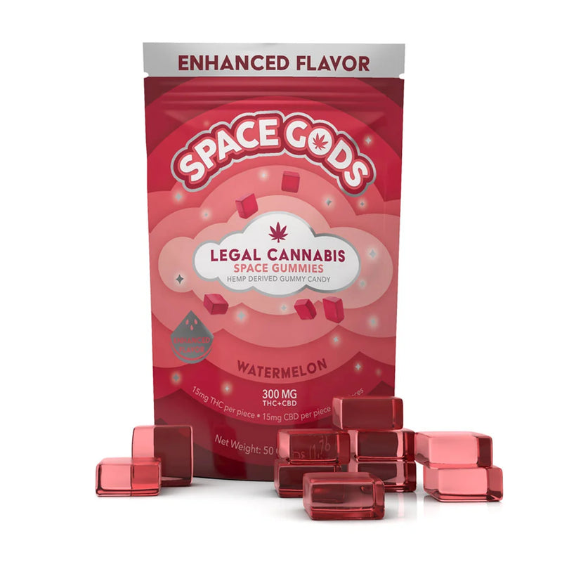 A red package labeled "Space Gods Gummies Delta 9 | 10ct" showcases watermelon-flavored legal cannabis space gummies by Space Gods. The packaging indicates a total of 300 mg, with each piece containing 15 mg of hemp-derived Delta 9 THC and 15 mg CBD. Several Delta 9 gummies are displayed in front.