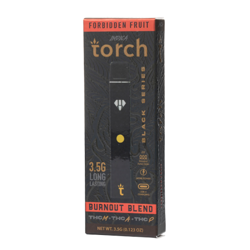 A sleek and premium Torch Burnout Black Disposable vape pen box from Torch, labeled "Burnout Blend" with the "Forbidden Fruit" flavor. Featuring a net weight of 3.5g and 9000mg THC+THCA+THCP content, this black and gold edition delivers an exceptional THC experience in a disposable format.