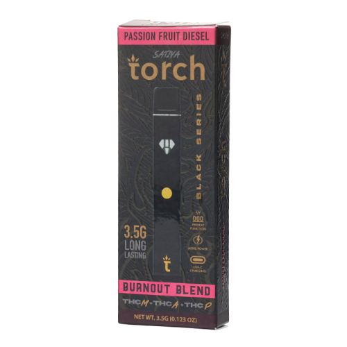 The Torch Burnout Black Disposable, branded by Torch, features black and gold packaging for its Black Series Sativa strain. Labeled as a Passion Fruit Diesel THC blend, it contains 3.5g and showcases an image of the disposable vape pen on the front.