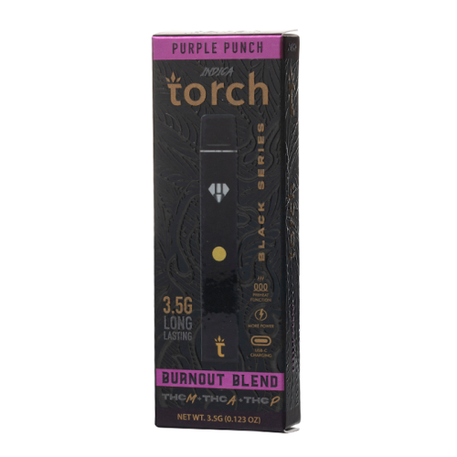 Introducing the Torch Burnout Black Disposable | 3.5g by Torch, an Indica Purple Punch disposable vape featuring a potent blend with 600mg THC. This rechargeable device is renowned for its long-lasting effects and comes in dark packaging embellished with decorative elements and product details.