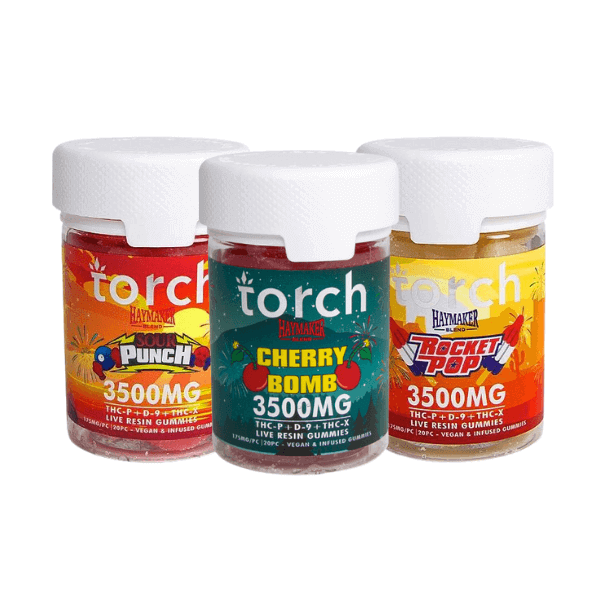 Three bottles of Torch Haymaker Blend Gummies by Torch are shown side by side, featuring flavors Sour Punch, Cherry Bomb, and Rocket Pop. Each bottle contains a potent 3500mg total THC content with a blend of THC-P, Delta-9 THC, and THC-X for an unparalleled experience.