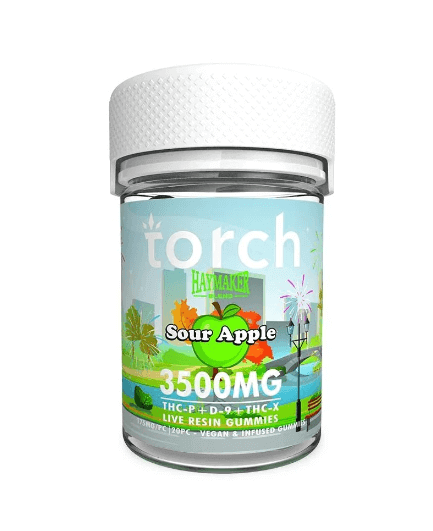 A jar of Torch Haymaker Blend Gummies, Sour Apple flavor, boasting a total THC content of 3500mg from a potent blend of THC-P, Delta-9 THC, and THC-X, featuring 120 live resin infused vegan gummies.