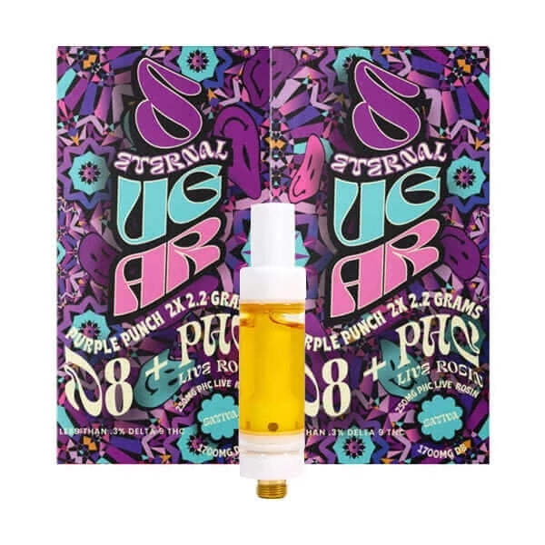 A Trippy Delta 8 + PHC Sugar Eternal Cartridge from the Trippy Sugar brand is placed in front of two colorful packages labeled "Trippy Delta 8 + PHC Sugar Eternal Cartridges 2 Pack" featuring "Purple Punch" flavor with Delta-8 THC and a PHC and Delta-8 blend.