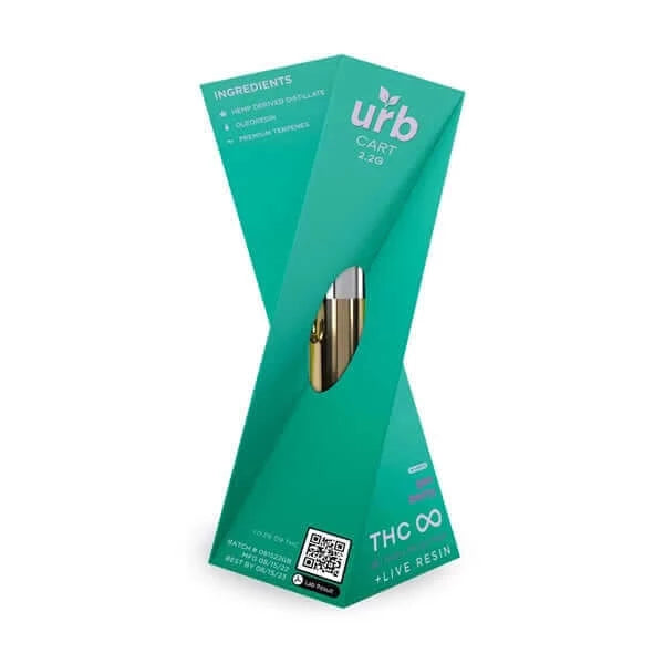 Green and white packaging for "Urb THC Infinity Cartridge 2.2g" with a visible cartridge inside. Text mentions live resin, THC-P, and a QR code is present on the lower front.