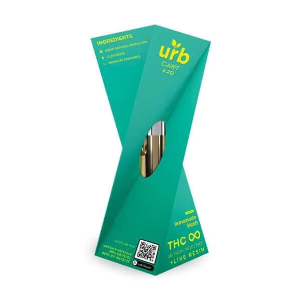 A green box featuring a Urb THC Infinity Cartridge 2.2g labeled "Urb" with live resin, highlighting ingredients and a QR code for more details.