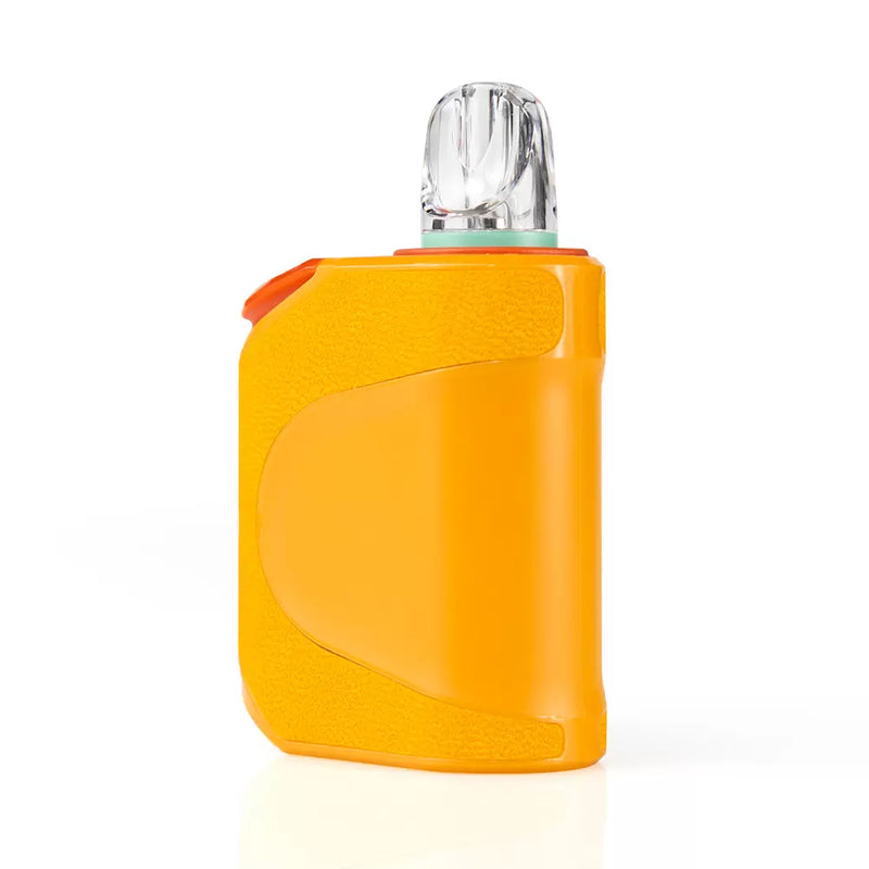 An orange, compact, handheld aerosol inhaler device with a transparent mouthpiece, designed to accommodate an Urb Clicker 510 Battery by Urb.