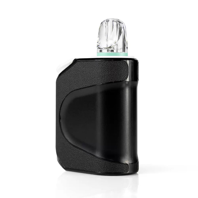 A small, black, handheld electronic device with a transparent mouthpiece at the top, perfect for use with an Urb Clicker 510 Battery by Urb.