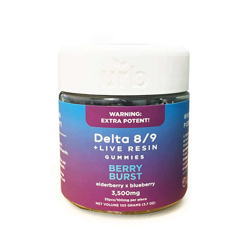 A jar of Urb Delta 8/9 Gummies High Potency in Berry Burst flavor, containing 3,500 mg total cannabinoids. The purple and blue label reads "Warning: Extra Potent!" and lists elderberry and blueberry. High potency gummies perfect for experienced users.