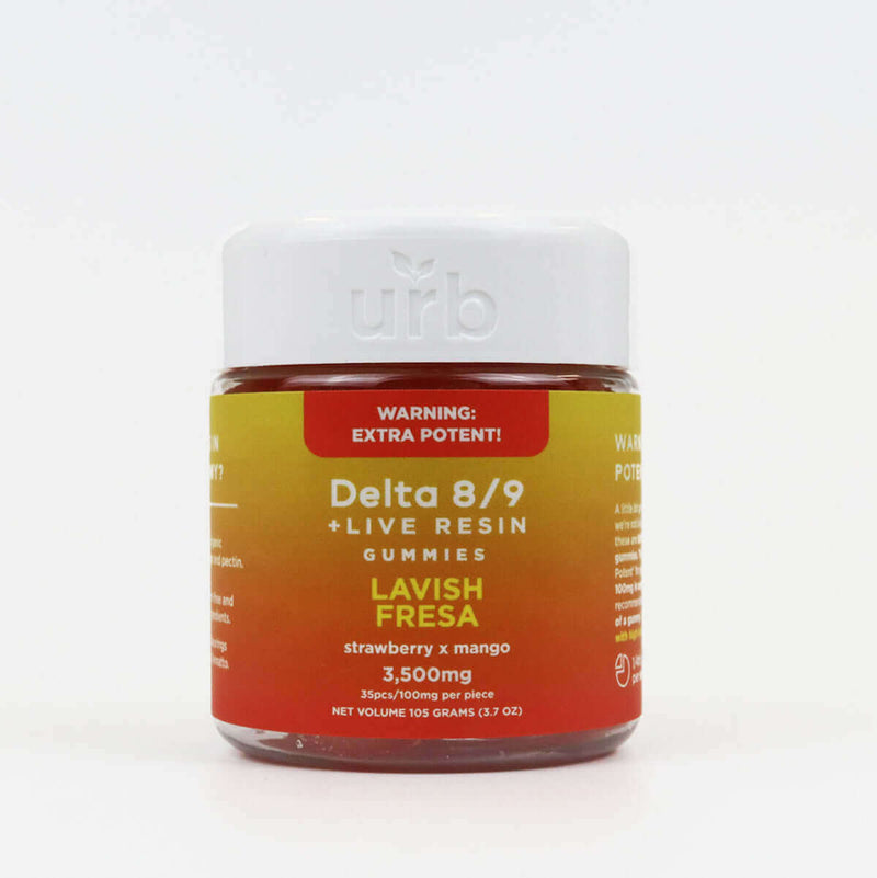 A jar of Urb Delta 8/9 Gummies High Potency labeled "Lavish Fresa" with 3,500mg total THC, strawberry and mango flavor, and a warning of extra potency.