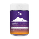 A container of Urb Restful Botanically Infused Gummies, marionberry + kaffir plum flavor, featuring ingredients such as Delta 9 THC, CBD, CBN, L-Theanine, Melatonin, and Chamomile. Net weight: 4.23 oz (120 g).