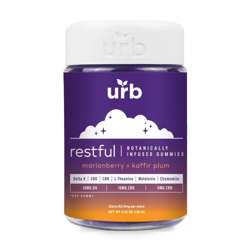 A container of Urb Restful Botanically Infused Gummies, marionberry + kaffir plum flavor, featuring ingredients such as Delta 9 THC, CBD, CBN, L-Theanine, Melatonin, and Chamomile. Net weight: 4.23 oz (120 g).