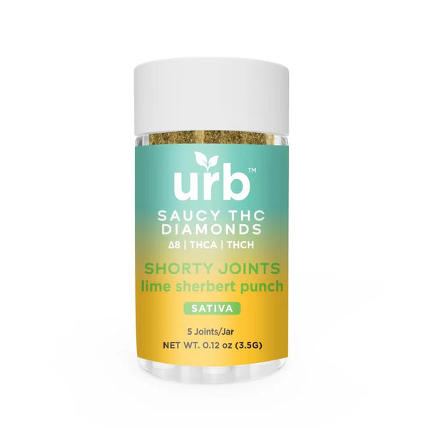 A jar labeled "Urb Saucy THC Diamonds Shorty Joints | 5ct," containing 5 pre-rolls (0.12 oz/3.5g). The label features a gradient background and a white lid.