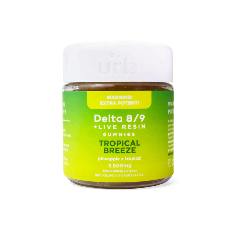 A jar of Urb Delta 8/9 Gummies High Potency labeled "Tropical Breeze" with a warning for extra potency. The flavor is pineapple and tropical, containing 35 pieces with a total of 3,500mg.