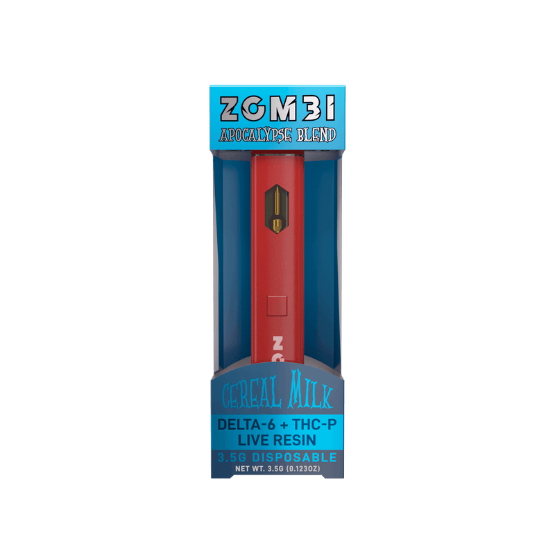 Image of a red "Zombi Disposable Vape Apocalypse Blend | 3.5g" by Zombi. The packaging highlights "Delta-6 THC + THC-P Live Resin," "Cereal Milk," and a net weight of 3.5g (0.123oz), featuring the rich flavors from live resin terpenes.
